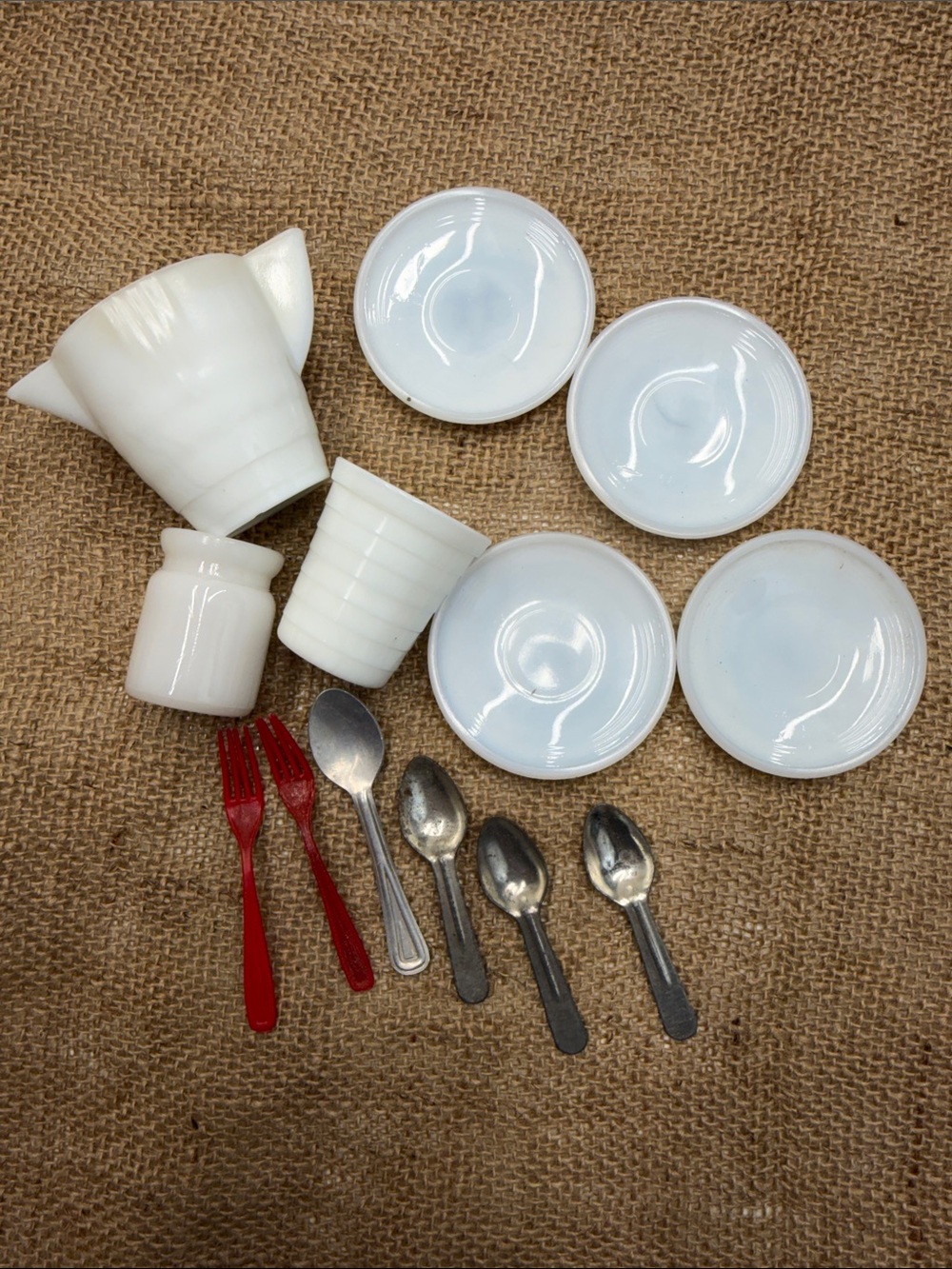 Vintage Milk Glass Child’s Mini Tea Set & Flatware Lot